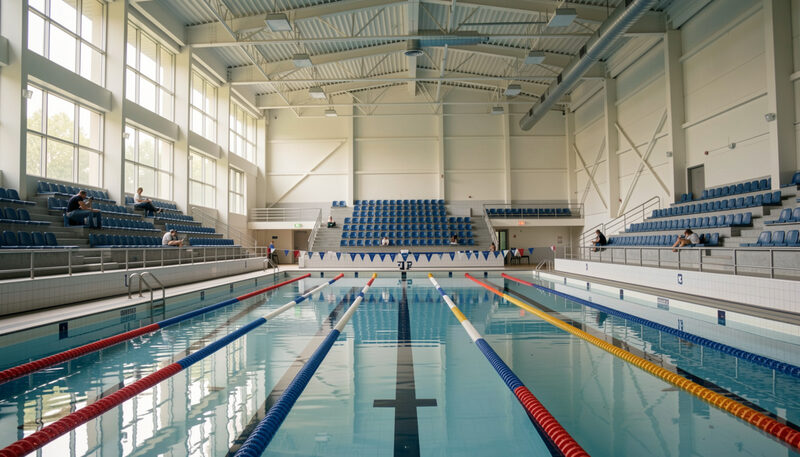 An indoor swimming pool hall with lane ropes and an empty spectator gallery, daylight through tall windows.
