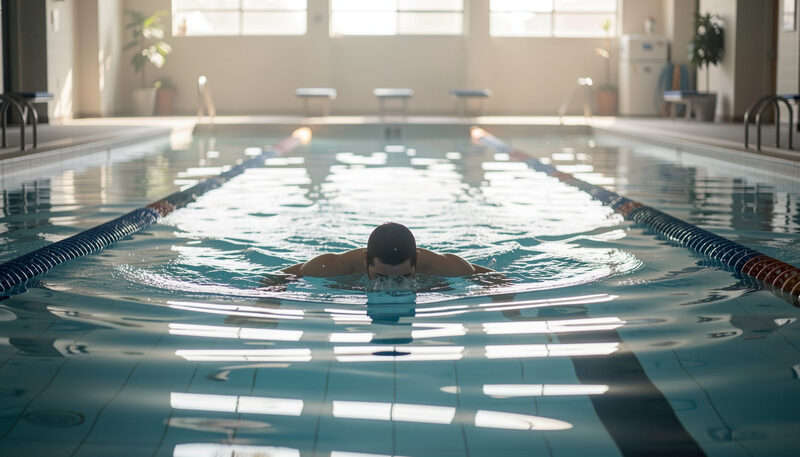A lone swimmer doing lengths in a quiet early morning indoor pool, light moving on the surface of the water.